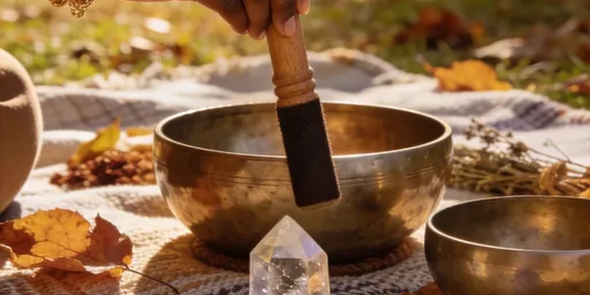 Crystal and Tibetan singing bowls arranged for a community sound bath in Raleigh