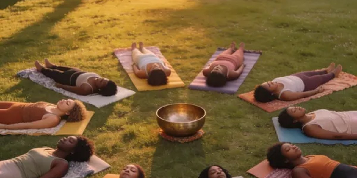 Women gathered in a circle for a community sound bath event